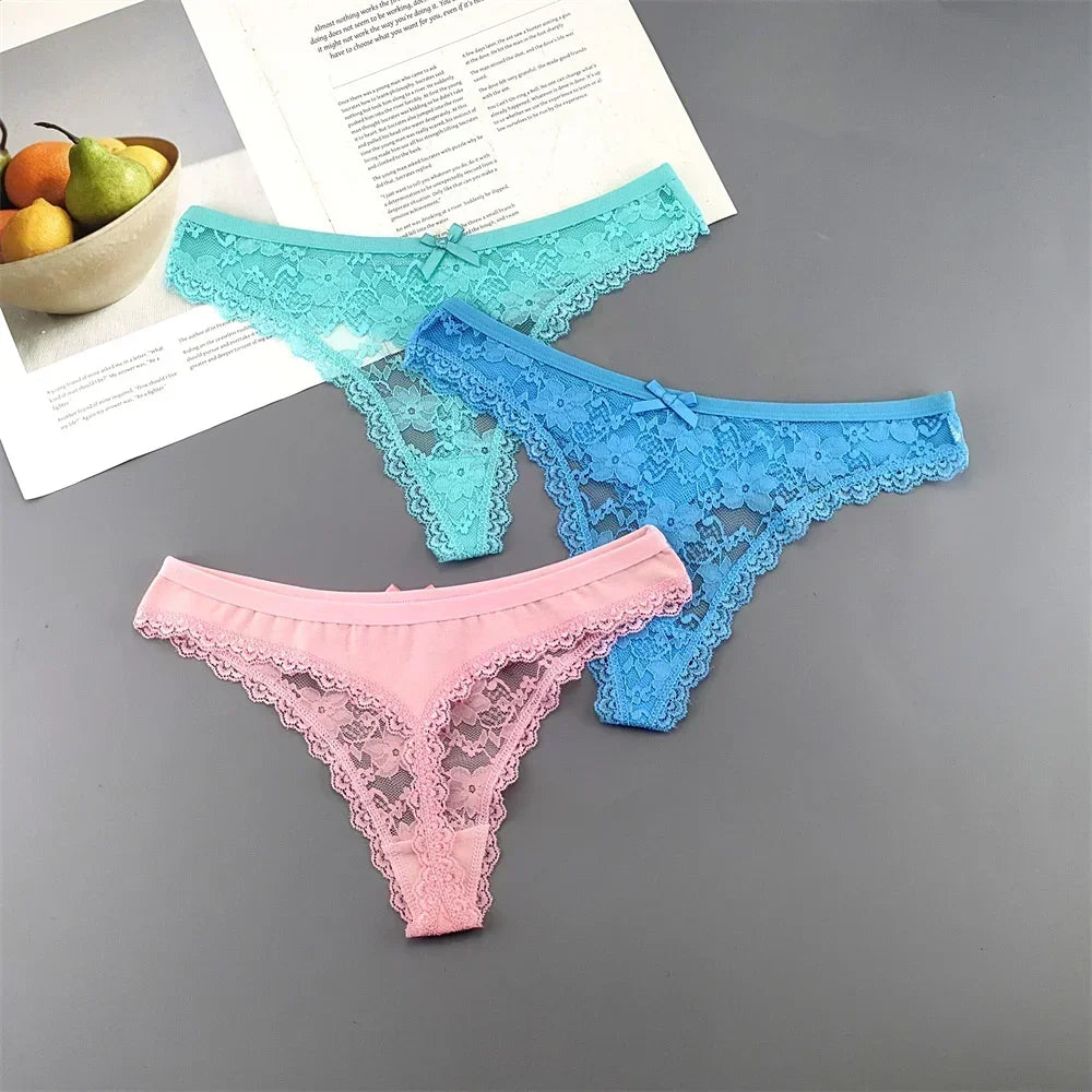 S M L XL XXL Plus Size Sexy Cozy Lace Cotton Thongs Underwear Lingerie for Women Seamless T-back Ladies Transparent G-string 3PC