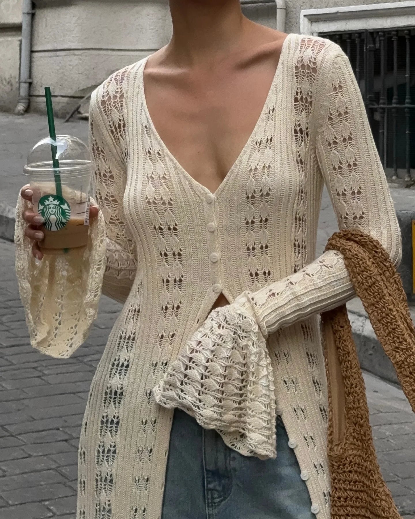 Combhasaki Women Y2K Chic Flare Long Sleeve Aesthetic Button-down V-Neck Ruffle Hem Hollow Out Knitted Long Dress Boho Beachwear