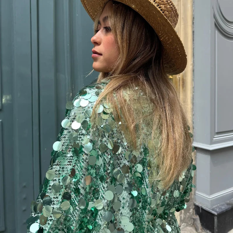 Fashion Sequins Short Jackets Women Gliter Lapel Long Sleeve Zipper Street Jacket Female 2026 Spring Lady Streetwear New