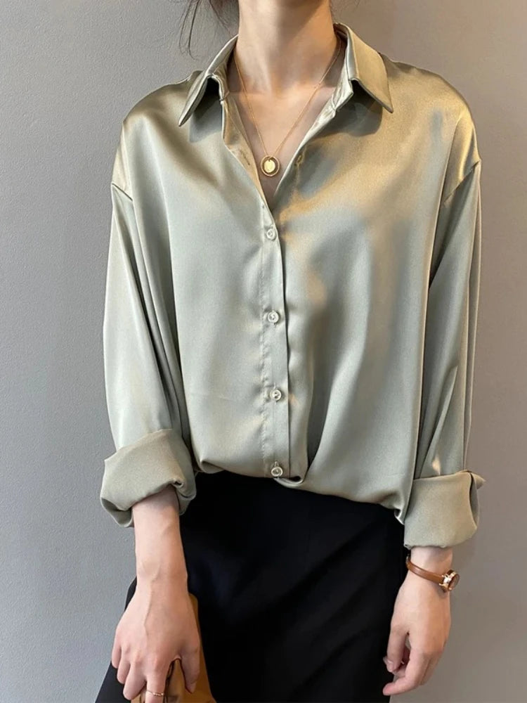 Women’s Turn-Down Collar Satin Blouse Top