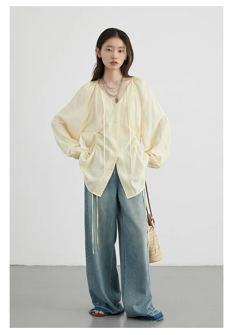 CHIC VEN Women Shirts Korean Loose Soild V-neck Long Sleeved Blouses Fashion Design Soft Lace Up Ladies Tops Summer New 2024