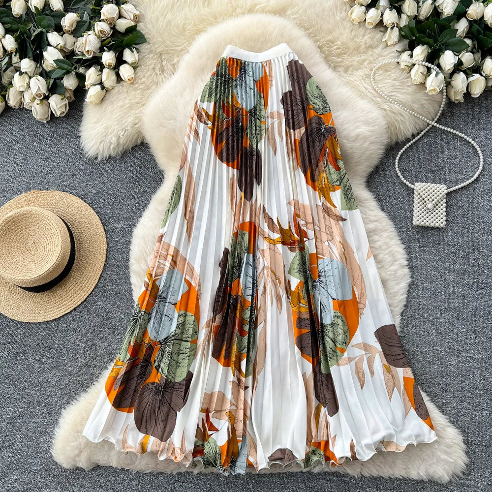 2026 New Summer Women Temperament Vintage All-match Skirt High Waist Printing Medium Length A-line Pleated Big Skirt Skirt