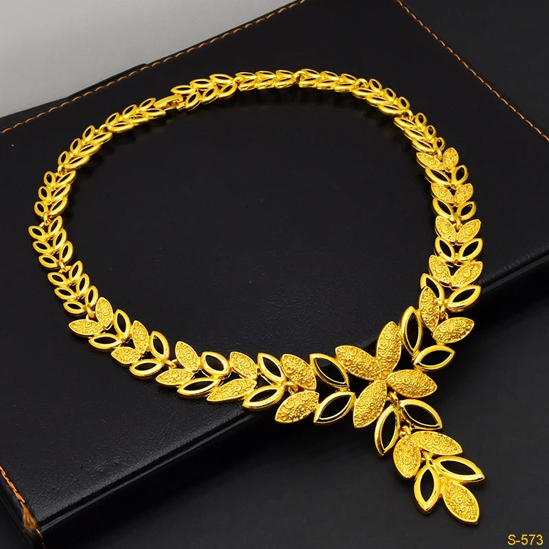 Italian Bridal Gold Plated Jewelry Set For Women African Indian 24K Gold Color Leaf Pendant Necklace Earring Set Dubai