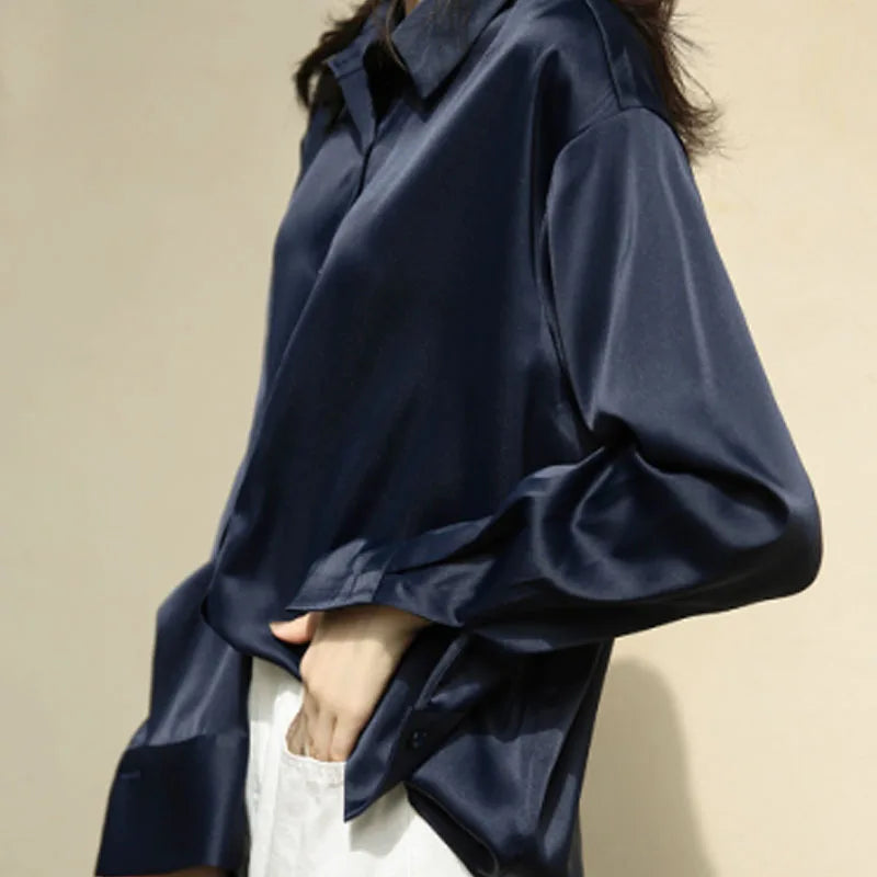 Women’s Turn-Down Collar Satin Blouse Top