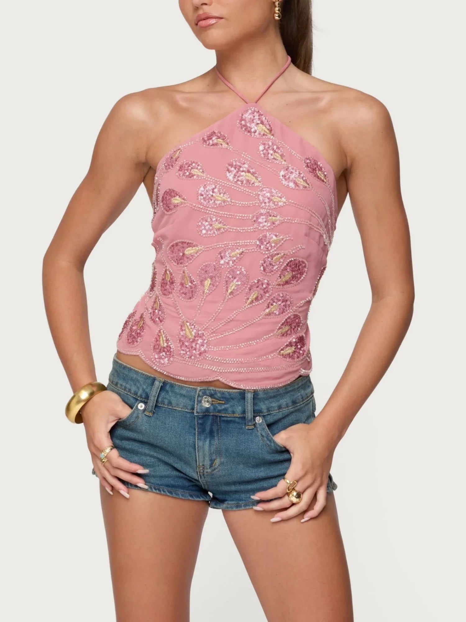 Lamuusaa y2k Women Sequin Tops Summer Clothes Sleeveless Tie Backless Halter Neck Cami Tops T Shirts 2000s Vest Club Streetwear