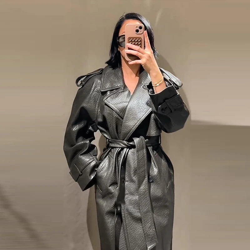 Street Pu Leather Women Long Coat Fashion Long Sleeve Button Belt Lapel Pocket Female Outwear 2025 Autumn Winter Lady Jacket New