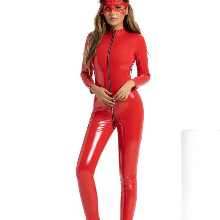 Fashion New Spring Women Sexy Corset PU Patent Leather Zipper Open Crotch Jacket Tight Pants Nightclub Cosplay Uniform Jumpsuit