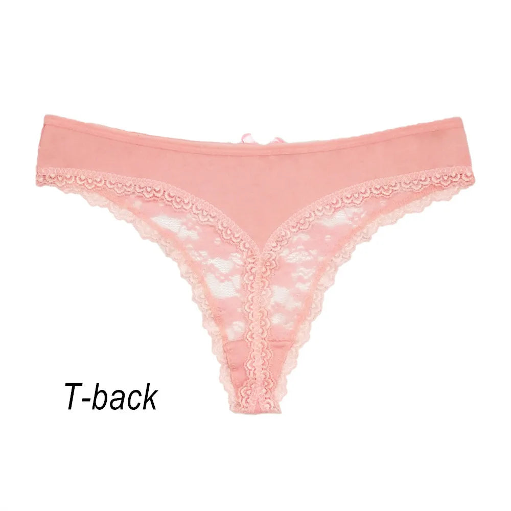 S M L XL XXL Plus Size Sexy Cozy Lace Cotton Thongs Underwear Lingerie for Women Seamless T-back Ladies Transparent G-string 3PC