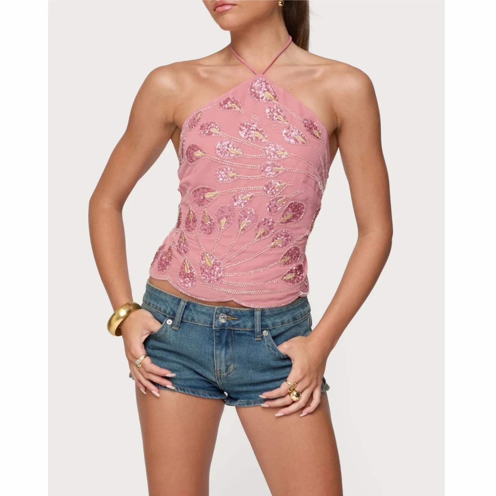 Lamuusaa y2k Women Sequin Tops Summer Clothes Sleeveless Tie Backless Halter Neck Cami Tops T Shirts 2000s Vest Club Streetwear