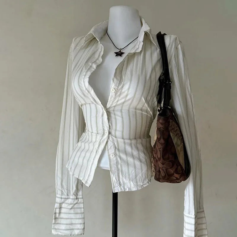 New Women Casual Y2K Shirt Streak Print Summer Thin Long sleeved Aesthetics Goes with everything Casual Fashion Button T-shirt