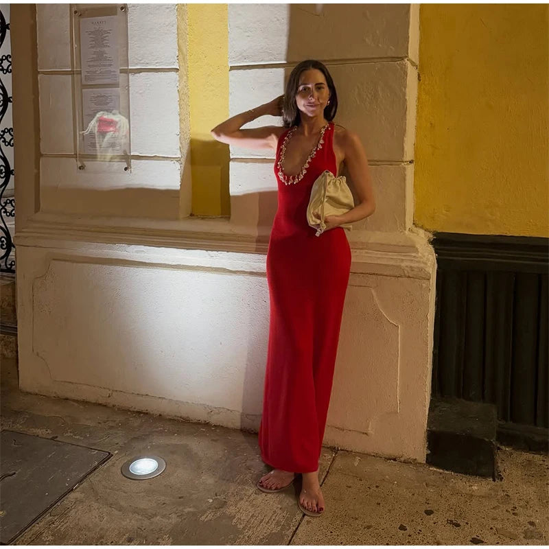 Women's Shell Chain Halter Maxi Dress Deep V Neck Sleeveless Backless Bodycon Dresses Casual Vacation Party Beach Fashion Gown