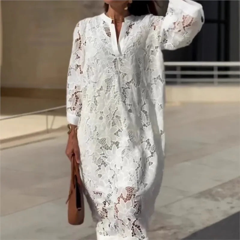 Women's Elegant Fashion Lace Dress White 2025 Spring Summer New Loose V-neck Seven-Point Sleeve Hollowed out Dresses Office Lady