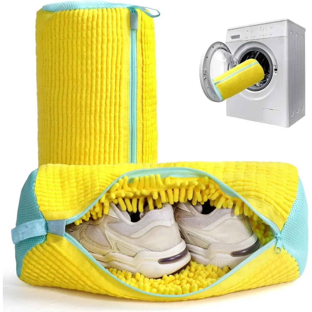 1PC Durable Shoe Washing Machine Bag for All Shoe Types-Yellow/Grey with Zipper for Sneakers and Casual Shoes Laundry Wash Bag