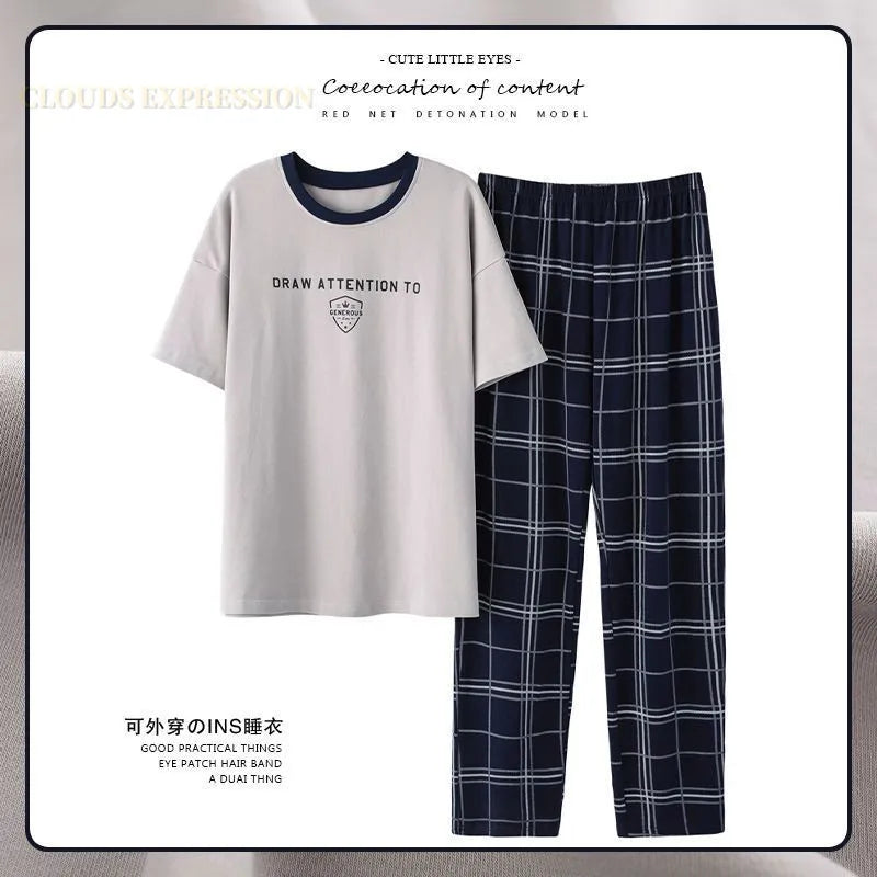 L-5XL Summer Elegant Men Pyjamas Knited Cotton Pajamas Set Long Pant Sleepwear Pyjamas Night Suits Pijamas Plus Size Homewear PJ