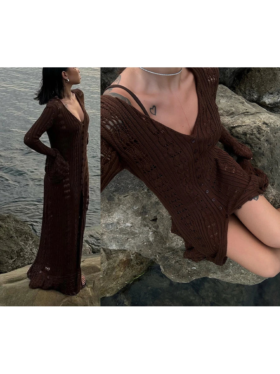 Combhasaki Women Y2K Chic Flare Long Sleeve Aesthetic Button-down V-Neck Ruffle Hem Hollow Out Knitted Long Dress Boho Beachwear