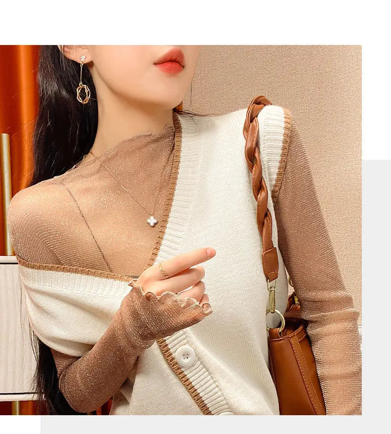 Sexy Women T Shirt See Through Transparent Mesh Tops Long Sleeve Sheer Slim Female Turtleneck Bright Silk T-Shirt Lace Crop Top