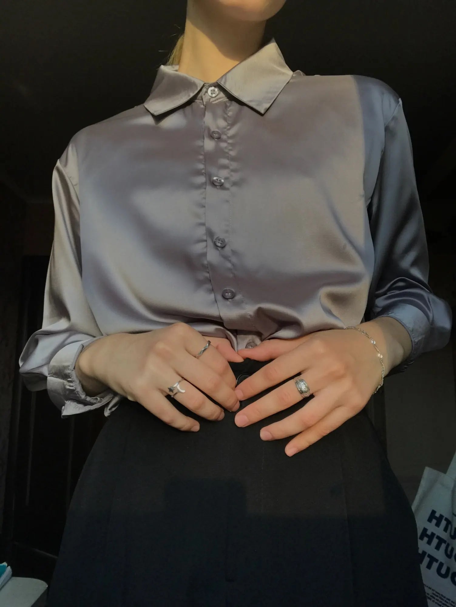 Women’s Turn-Down Collar Satin Blouse Top