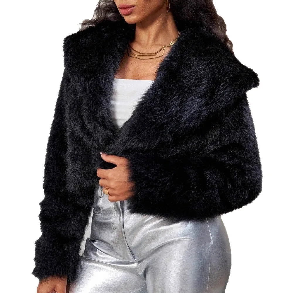 Faux Fox Fur Coats Women Short Jackets Solid Turn Down Collar Long Sleeve Open Stitch Loose Thick Office Lady Casual 2025 Winter