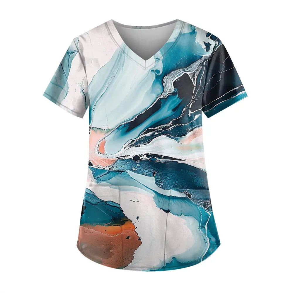 Gradient Printing Nurses Uniforms Women Fashion Short Sleeve V Neck Working Blouse Tops With Pockets Women's Medical Uniform