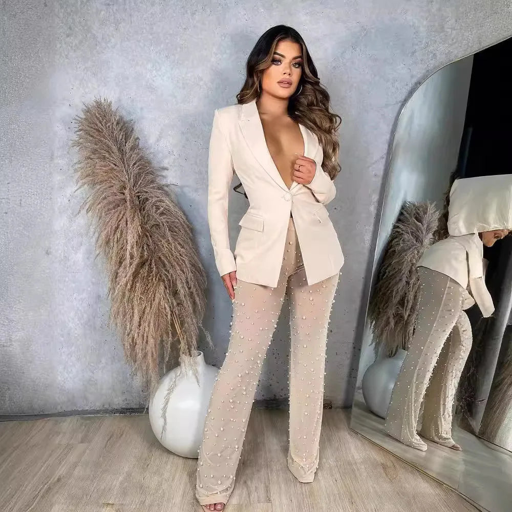 2025 Autumn Winter New Fashion Women's Solid Color Elegant Casual Trendy 2 Piece Sets Long Sleeve Suit Blazers Straight Trousers