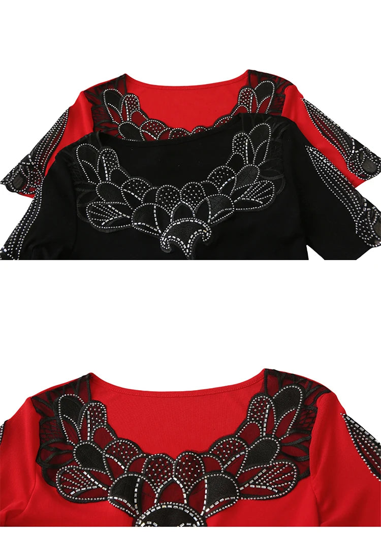 Fashion O-Collar Rhinestone Lace Patchwork Female Top Chic High Elasticity Soft Mesh Short Sleeve Temperament Women's T-Shirt