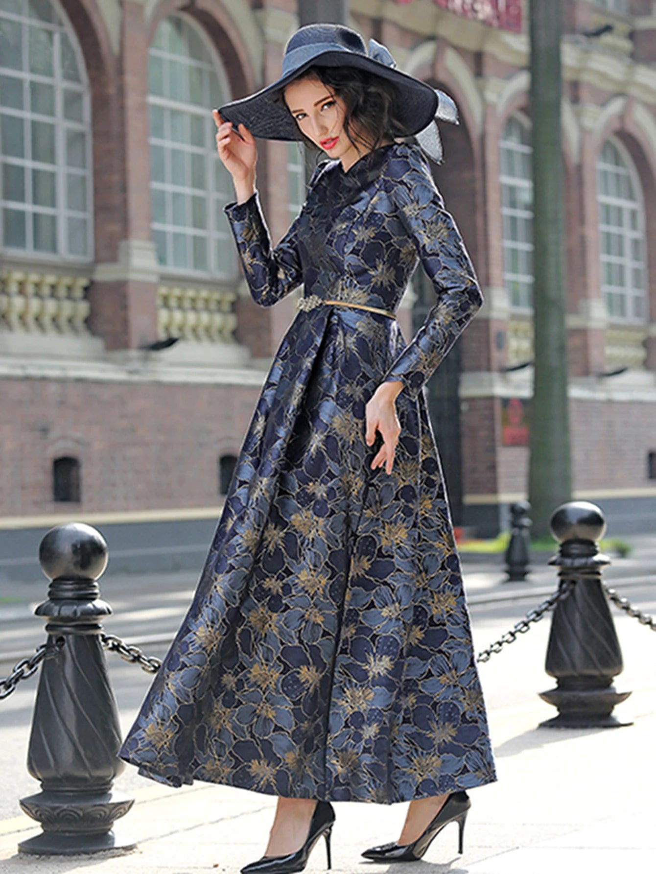 DEVCHATA Quality Elegant Women Long Sleeve Maxi Dress Floral Jacquard V Neck Lady Autumn Winter Party Fashion Formal Vestidos