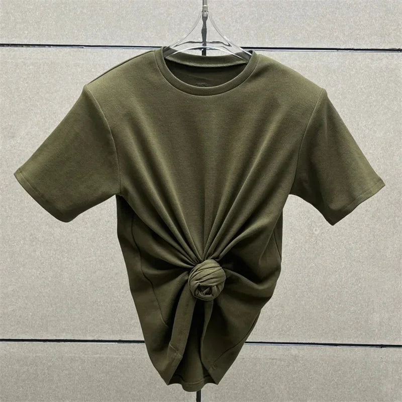 Women's t-shirt 2025 summer new shoulder padded slim fit short sleeved top pure cotton round neck pullover y2k Crop top corset