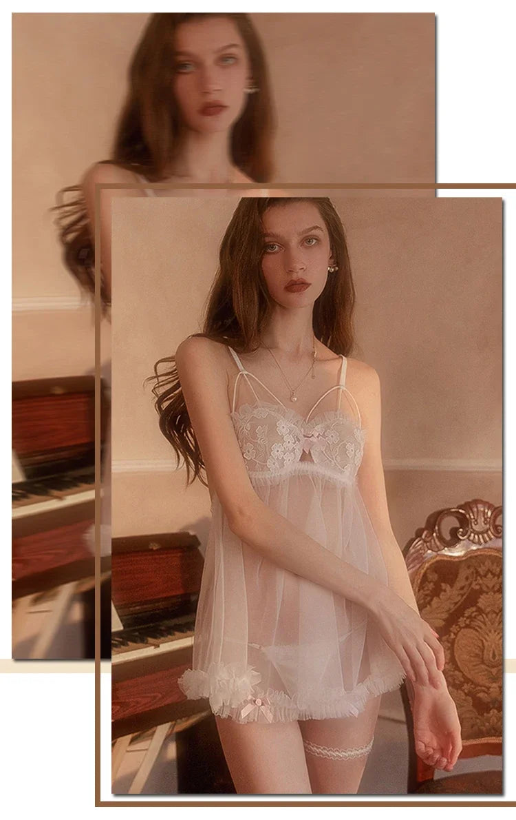 Pink Kawaii Lingerie dress Lolita Nightwear Sexy Lace Tulle Sweet Pink Sling Night Private Room Underwear Women Night Gowns 2024