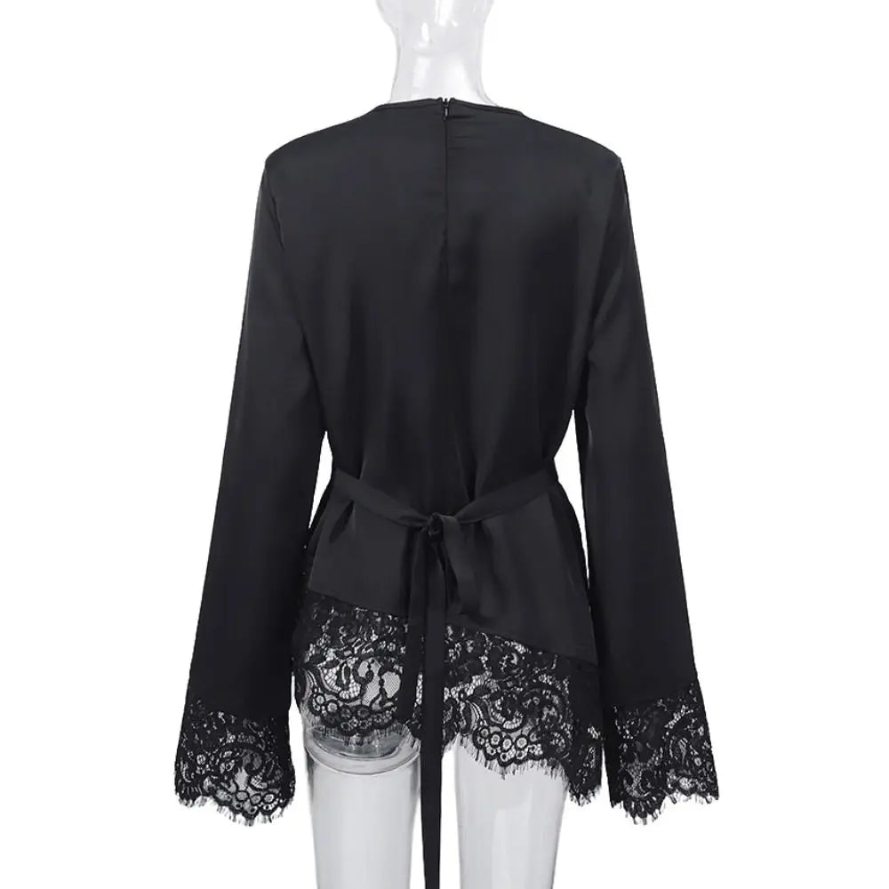 Belted Waist Lace Patchwork Top Flare Sleeve Solid Color Lace-up Top Asymmetrical Design Irregular Hemline Satin Blouse Spring