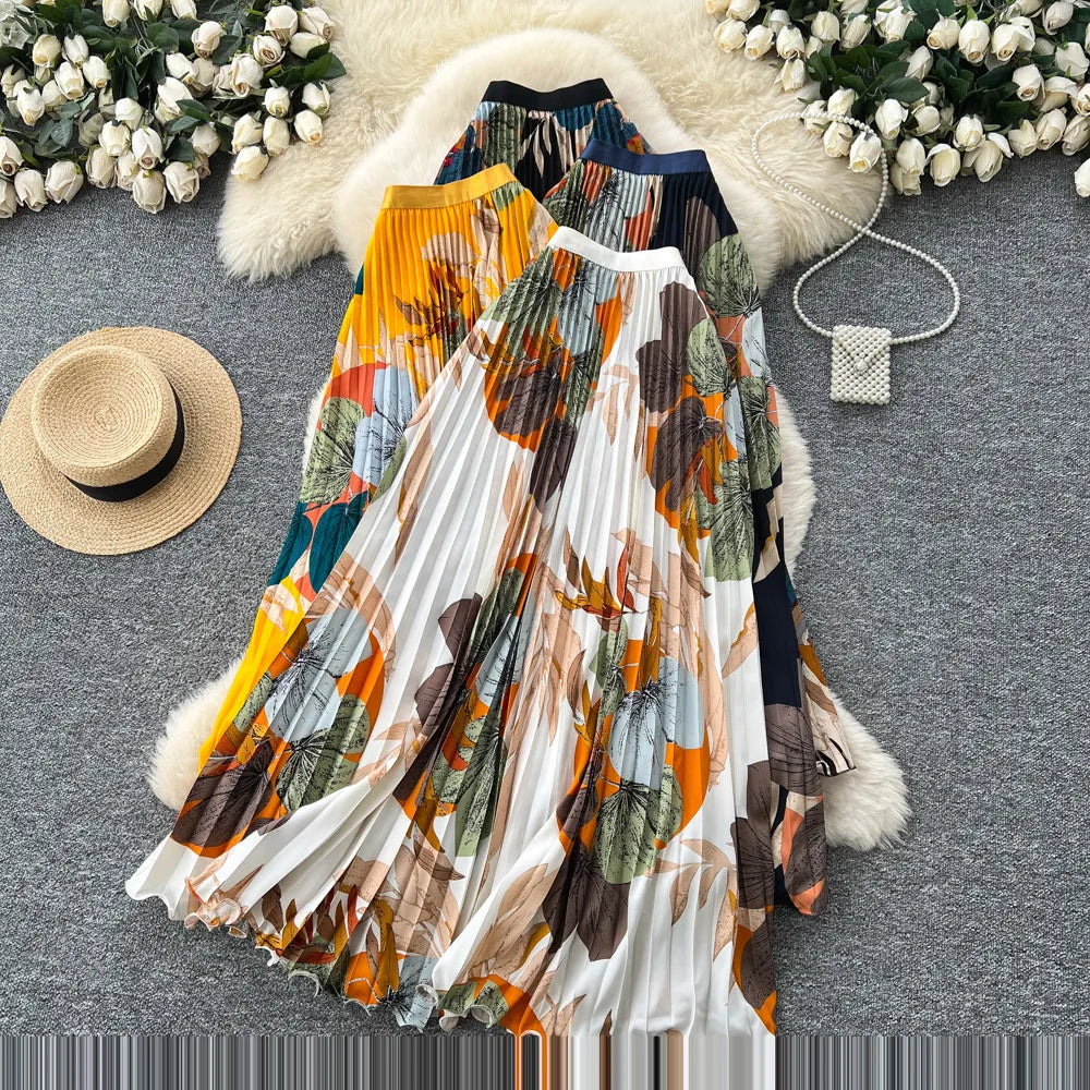 2026 New Summer Women Temperament Vintage All-match Skirt High Waist Printing Medium Length A-line Pleated Big Skirt Skirt