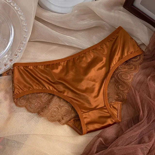 Women's Panties Silk Satin Underwear Lace Sexy Lingerie Breathable Mid Waist Female Briefs Comfortable Panty Underpants