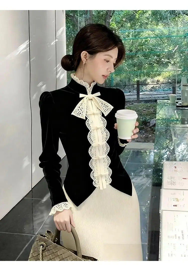 French Velvet Shirt Bow Camisas De Mujer Shirts & Blouses Black Top Blusas Roupas Femininas Designer Luxury Trend  Chemise Femme