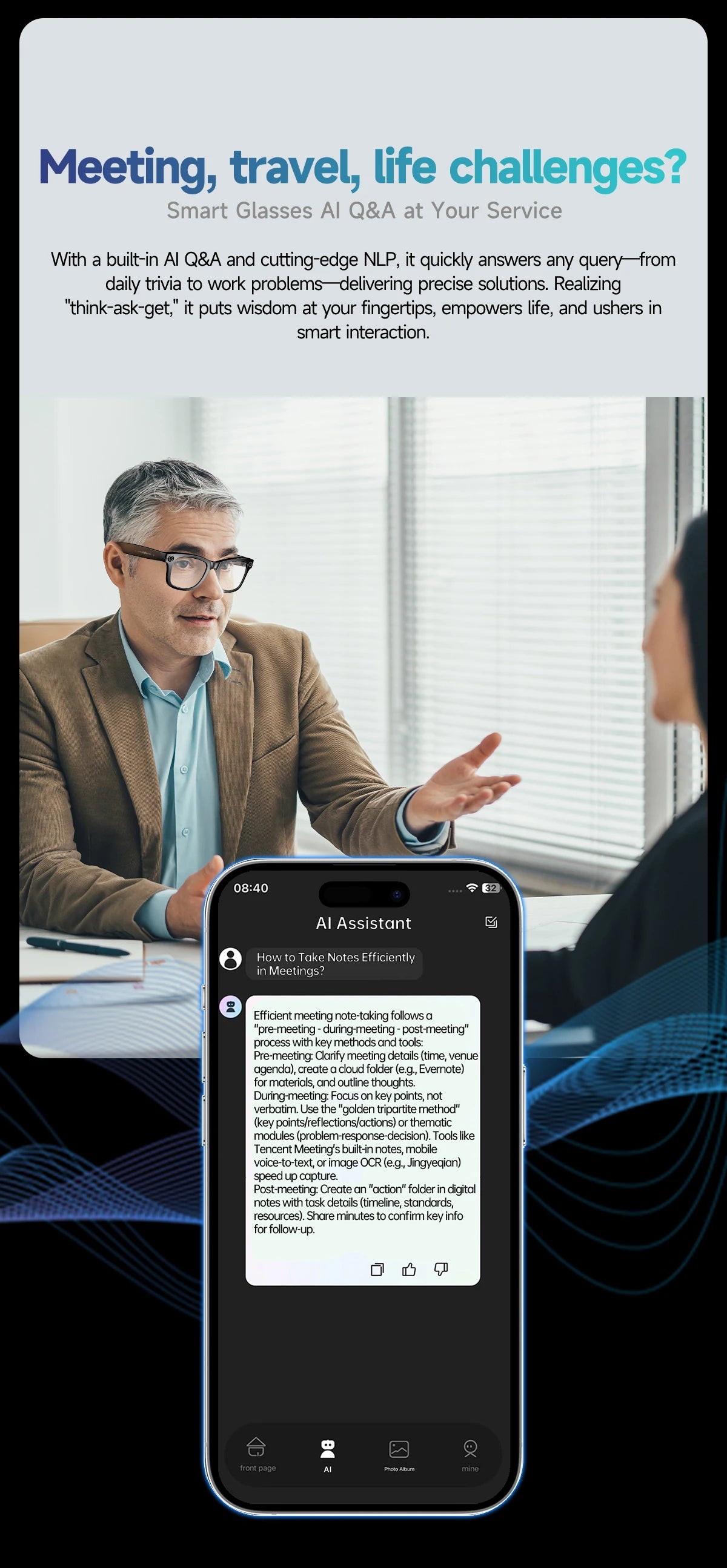 AI Smart Glasses with Camera 4K HD Video and PhotoCapture Real-TimeTranslation Voice Recording Open-Ear Audio Object Recognition