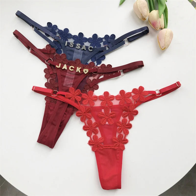 Customized Crystal Letter Sexy Embroidered Women's Low Waist Underwear BikiniG-Strings Adjustable Waist Underwear Hot Wife Gift