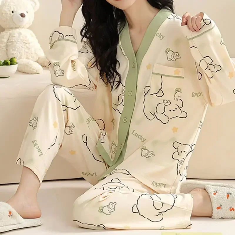 Elizabeth Duck Japanese Kimono Autumn Winter Women Pajamas Sets Faux Cotton Long Sleeves Homesuits Casual V-neck Lapel Sleepwear