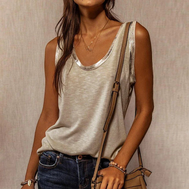 New Summer Contrast Stitching Women Tank Tops O Neck Sleeveless Shirt Women's Top Elegant Clothes Summer Loose Tops Women 2024