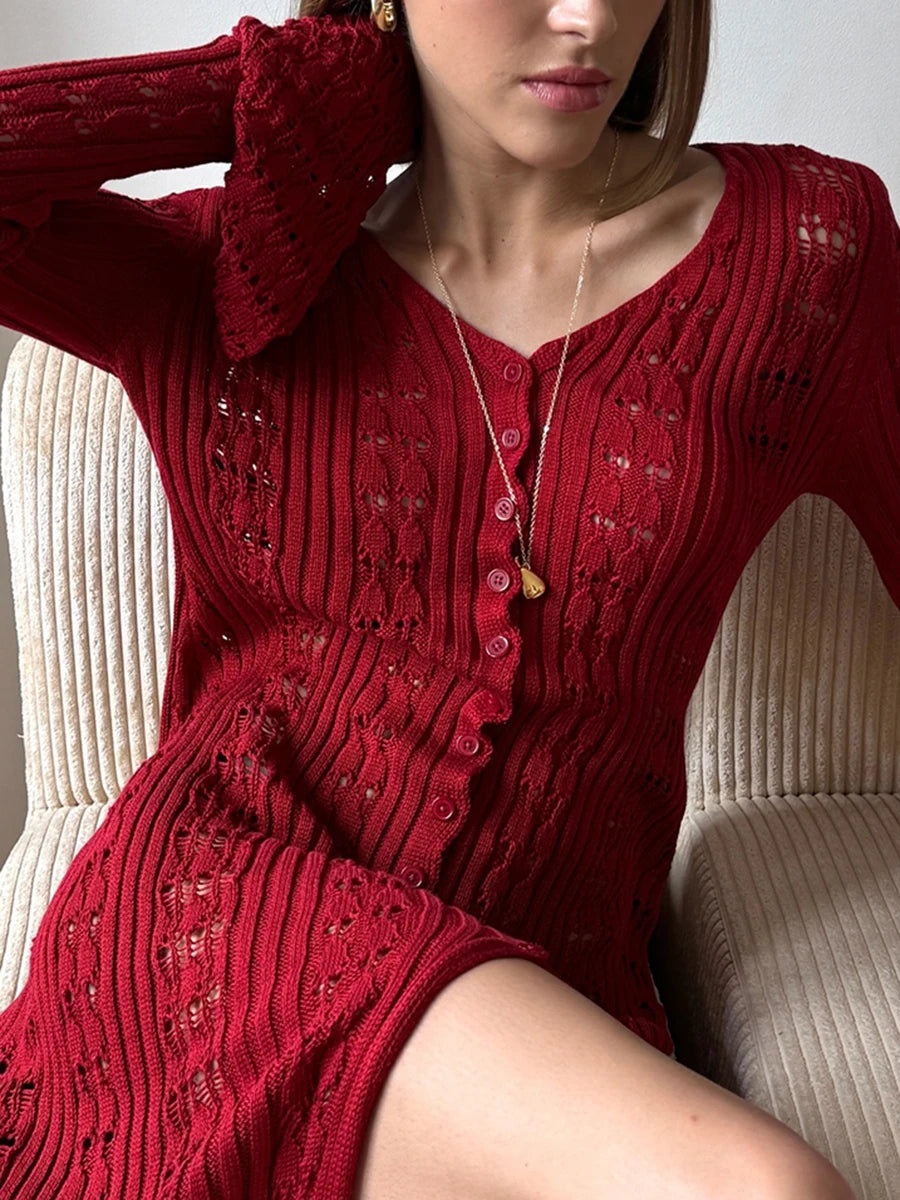 Combhasaki Women Y2K Chic Flare Long Sleeve Aesthetic Button-down V-Neck Ruffle Hem Hollow Out Knitted Long Dress Boho Beachwear