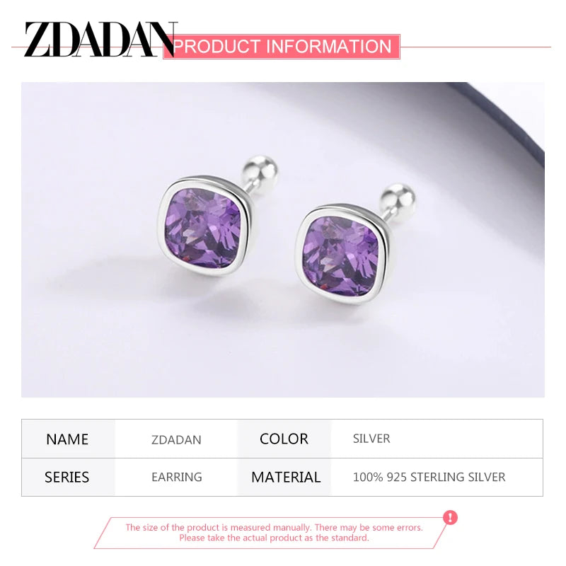 ZDADAN 925 Sterling Silver 8mm Square Amethyst Earring For Women Wedding Jewelry