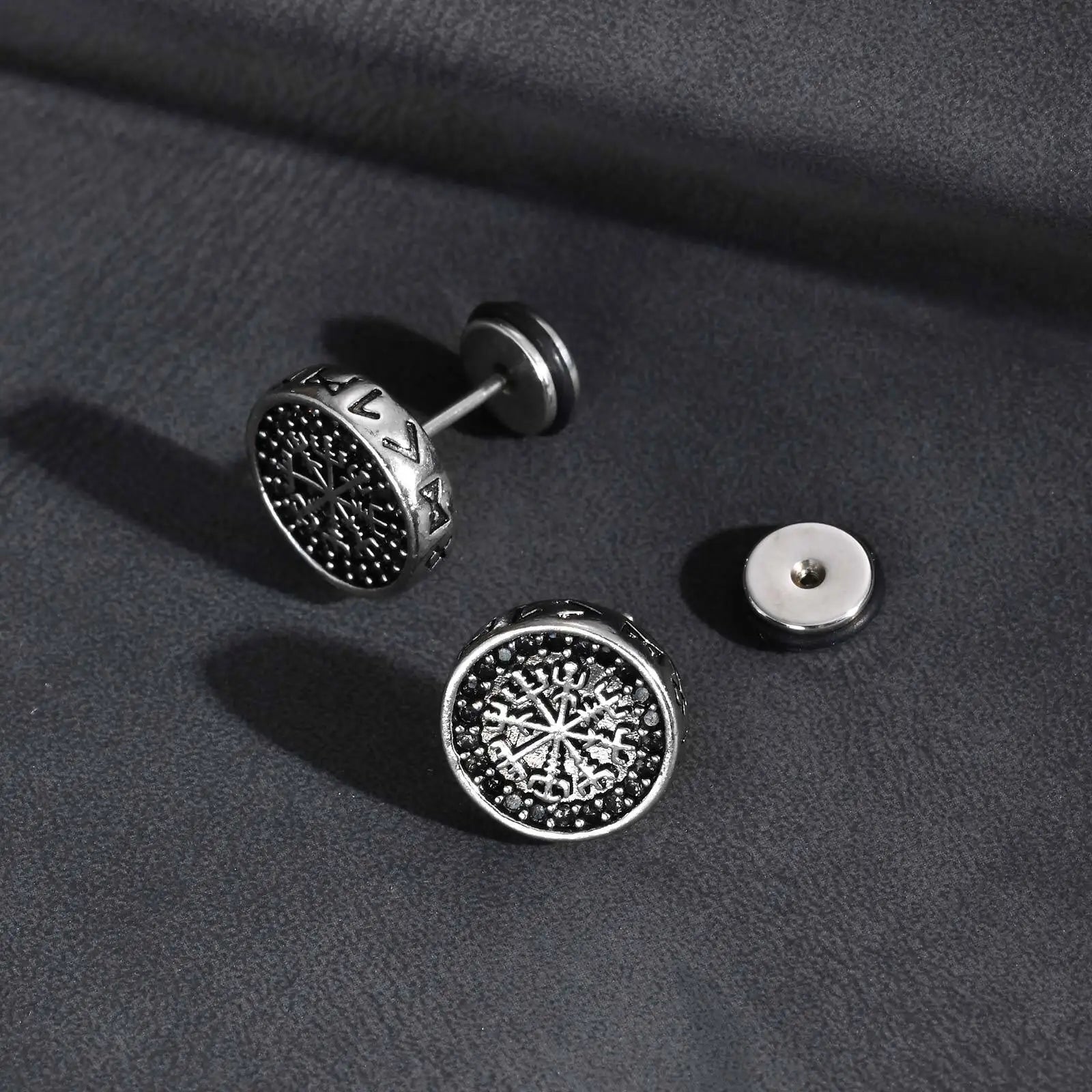 Vintage Viking Stud Earrings for Men Boys,Round Stainless Steel Compass Zircon Earring,Simple Jewelry Gift for Him