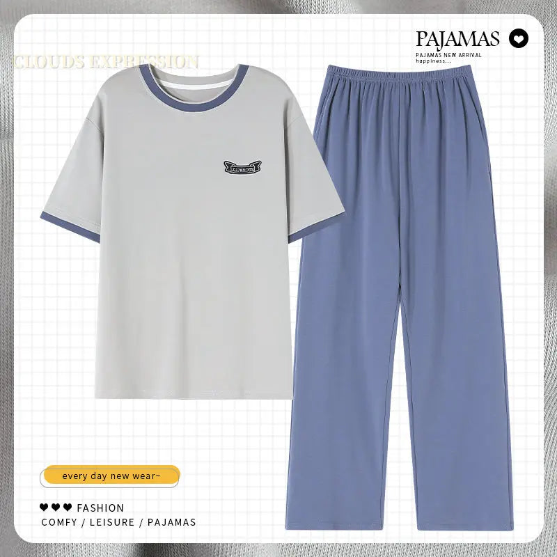 L-5XL Summer Elegant Men Pyjamas Knited Cotton Pajamas Set Long Pant Sleepwear Pyjamas Night Suits Pijamas Plus Size Homewear PJ