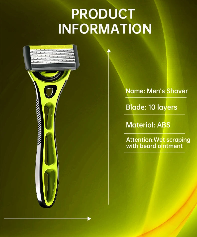 10 Layer Shaver Razor (1 Razor Holder + 4 Blades Head)Cassette Shaving Razor Set Green Body Face Hair Removal Knife for Gift Men