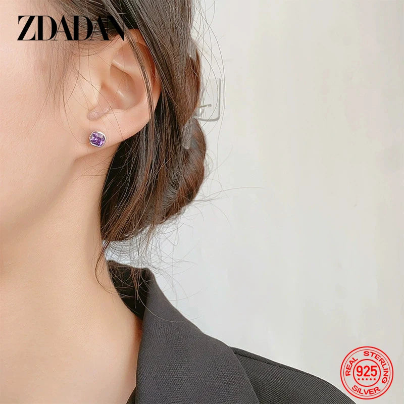 ZDADAN 925 Sterling Silver 8mm Square Amethyst Earring For Women Wedding Jewelry