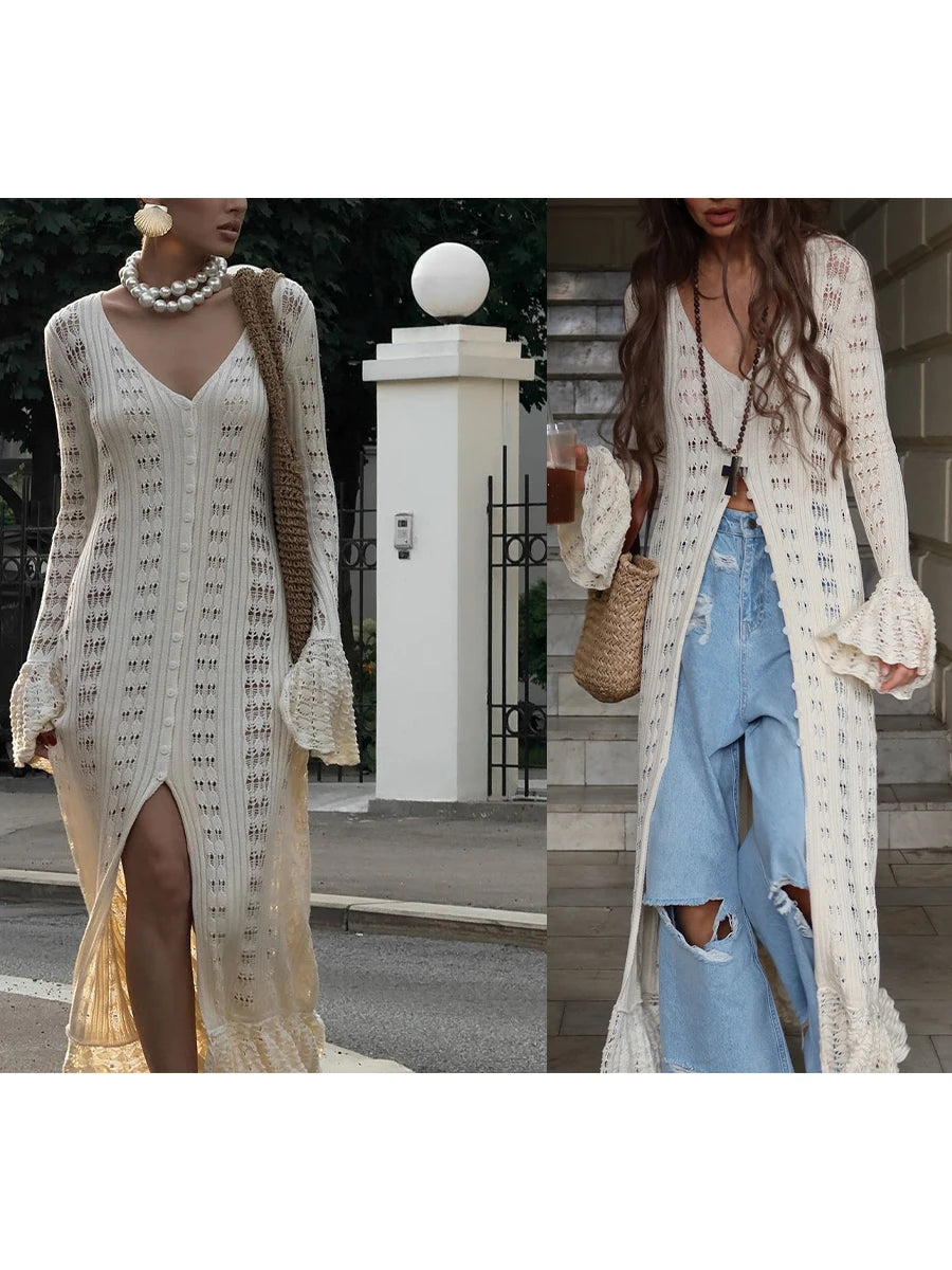 Combhasaki Women Y2K Chic Flare Long Sleeve Aesthetic Button-down V-Neck Ruffle Hem Hollow Out Knitted Long Dress Boho Beachwear