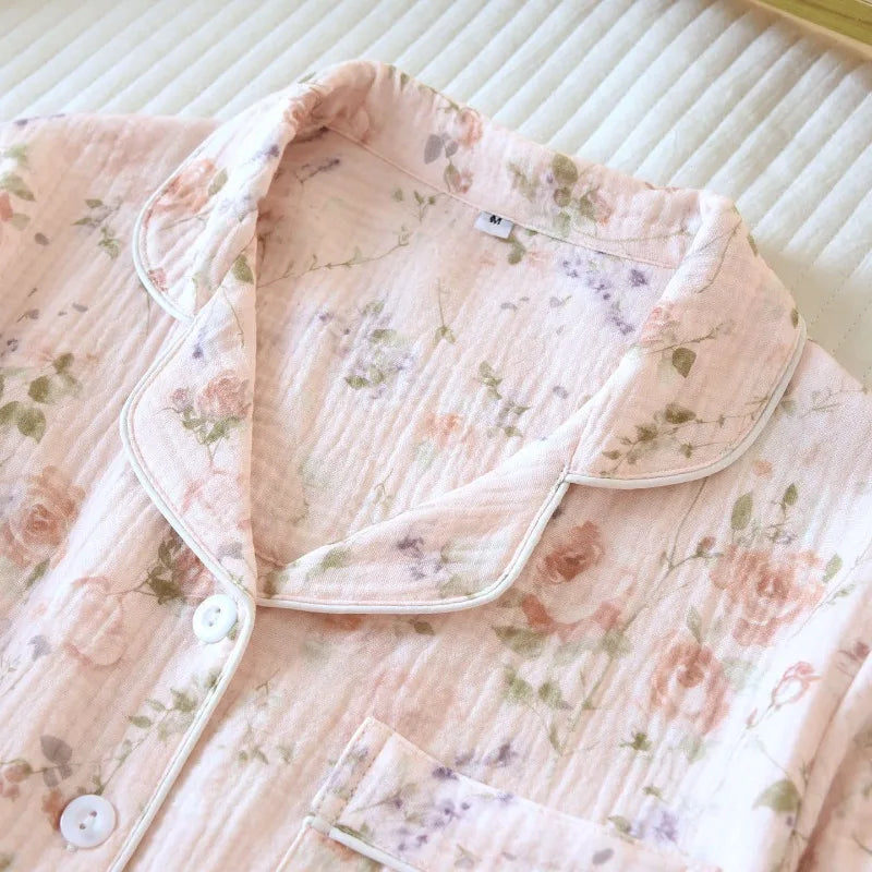 2026 New Women's Spring and Autumn Pajama Set 100% Cotton Crape Cloth Flower Collar Long Sleeve Two Piece Set Large Home Clothes