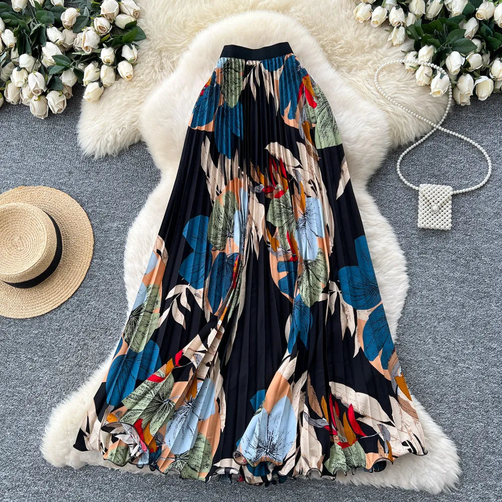 2026 New Summer Women Temperament Vintage All-match Skirt High Waist Printing Medium Length A-line Pleated Big Skirt Skirt