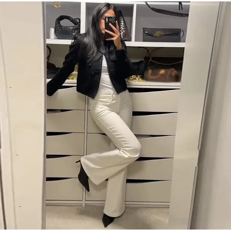 Elegant O-neck Long Sleeve Double Breasted Coats Fashion Black Cropped Jacket For Women 2026 Spring Chic Lady Outerwear Street