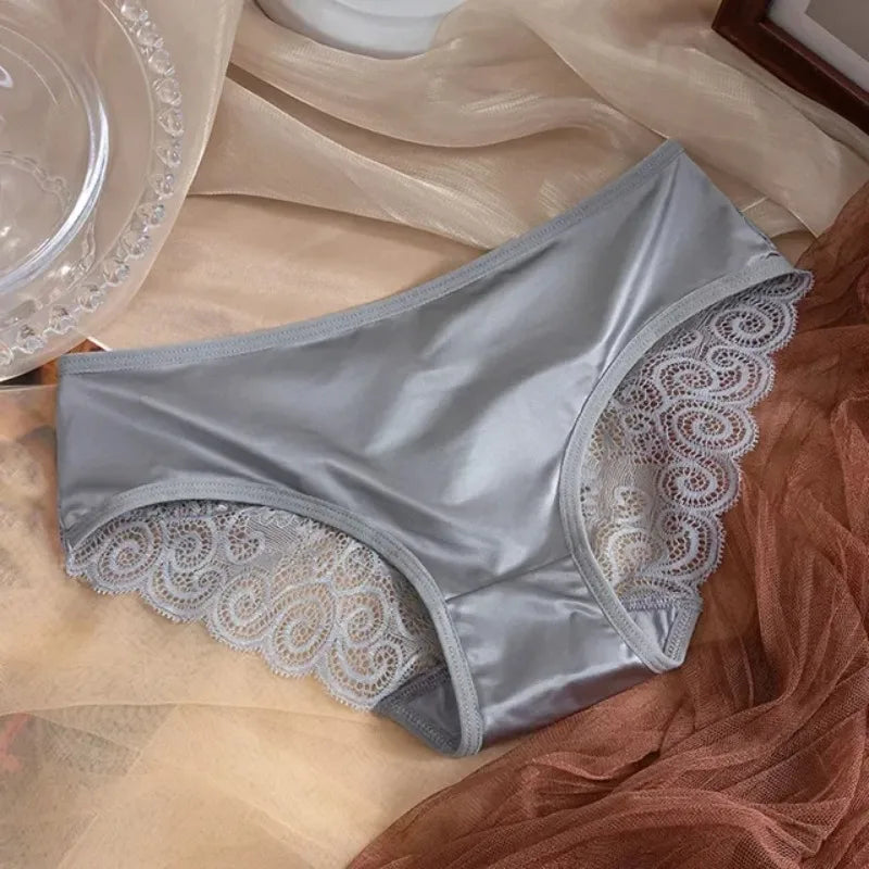 Women's Panties Silk Satin Underwear Lace Sexy Lingerie Breathable Mid Waist Female Briefs Comfortable Panty Underpants