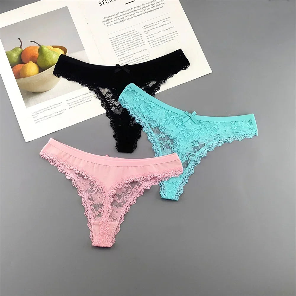 S M L XL XXL Plus Size Sexy Cozy Lace Cotton Thongs Underwear Lingerie for Women Seamless T-back Ladies Transparent G-string 3PC