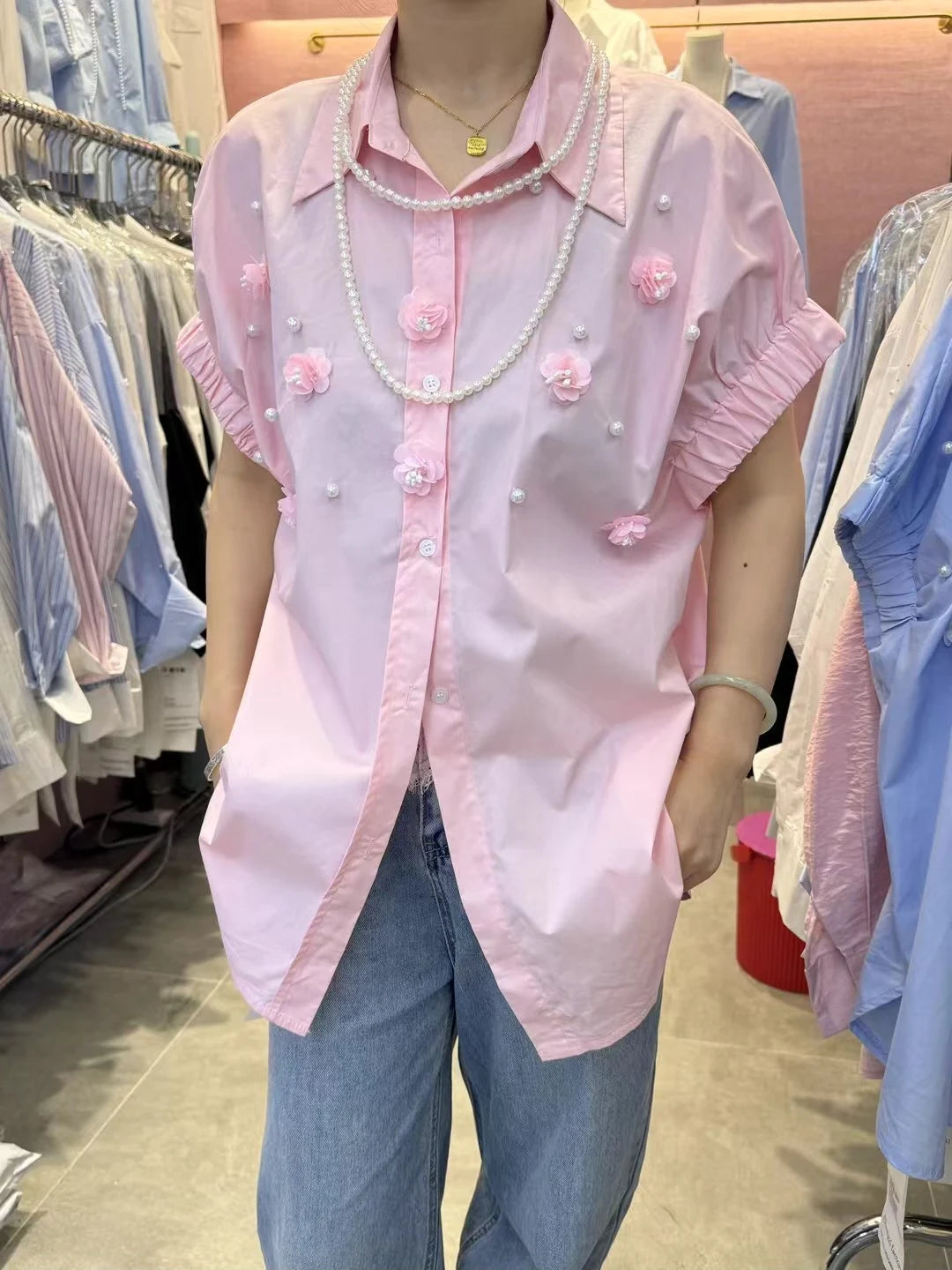 2025 Summer Trend New Cotton Blouses Shirts For Women Long Sleeve Loose Casual 3D Flowers Beaded Shirts Tops Camisas De Mujer