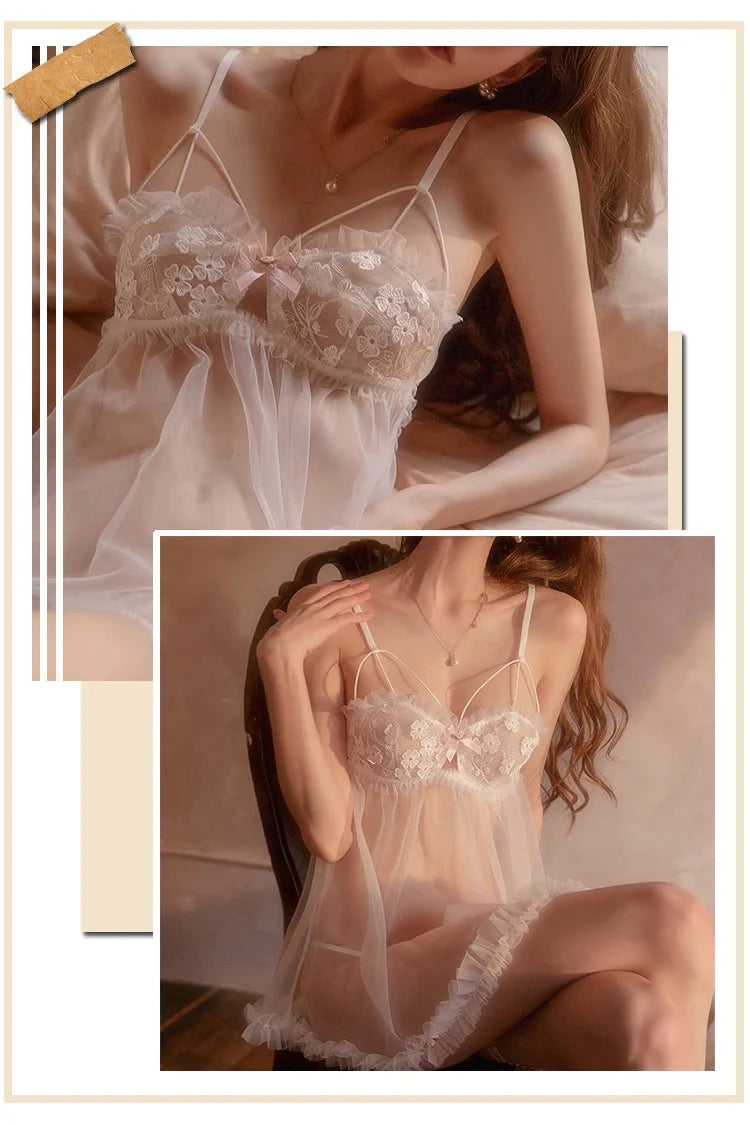 Pink Kawaii Lingerie dress Lolita Nightwear Sexy Lace Tulle Sweet Pink Sling Night Private Room Underwear Women Night Gowns 2024